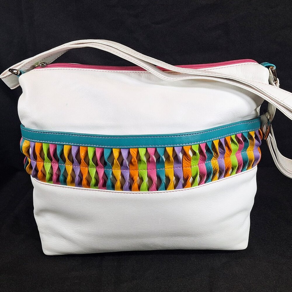 iLi New York White Leather Shoulder Crossbody with Multicolor Twist Detail